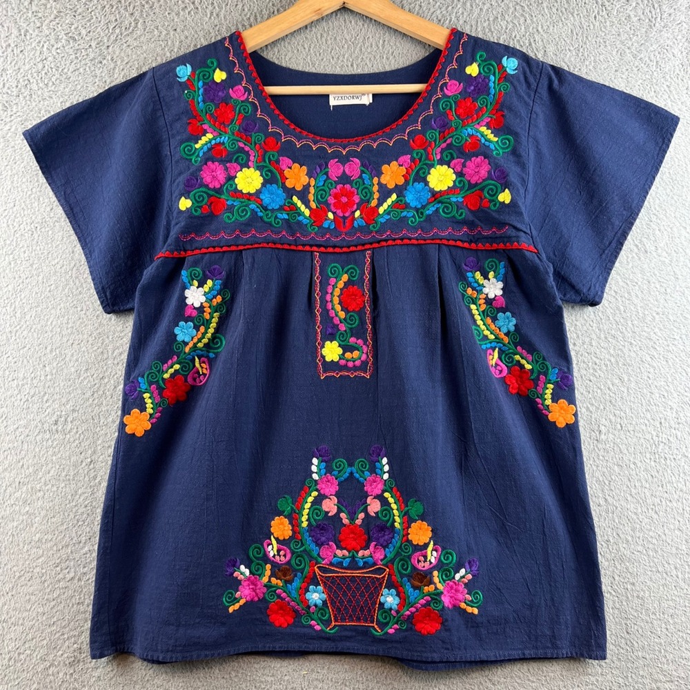 YZXDORWJ Navy Blue Floral Embroidered Cotton Mexican Peasant Blouse Top Large